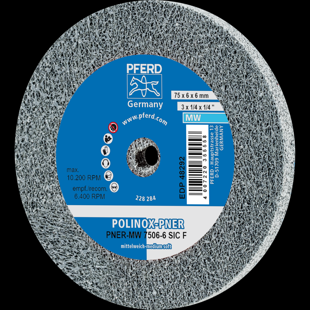 PFERD POLINOX® Unitized Wheel, 3&#34; x 1/4 x 1/4, Fine, Medium-Soft, 3SF, Silicon carbide<span class=' ItemWarning' style='display:block;'>Item is usually in stock, but we&#39;ll be in touch if there&#39;s a problem<br /></span>