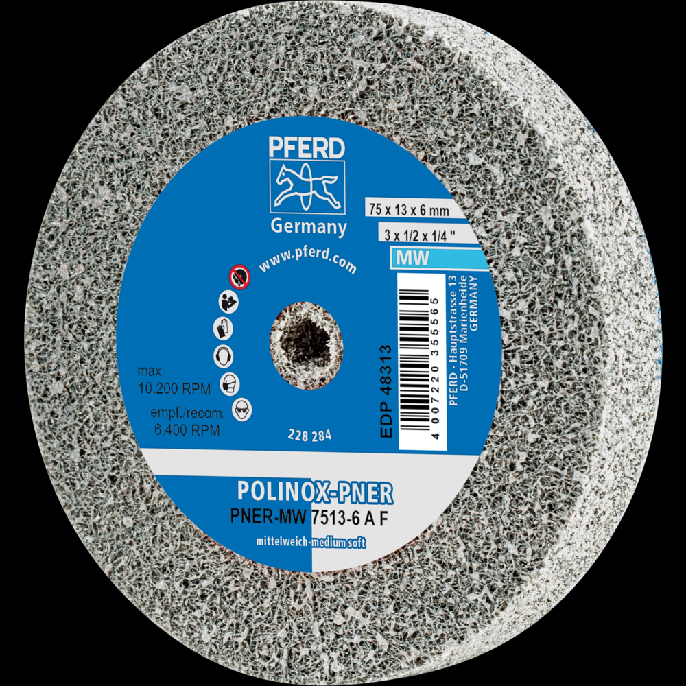 PFERD POLINOX® Unitized Wheel, 3&#34; x 1/2 x 1/4, Fine, Soft, 3AF, Aluminum oxide<span class=' ItemWarning' style='display:block;'>Item is usually in stock, but we&#39;ll be in touch if there&#39;s a problem<br /></span>