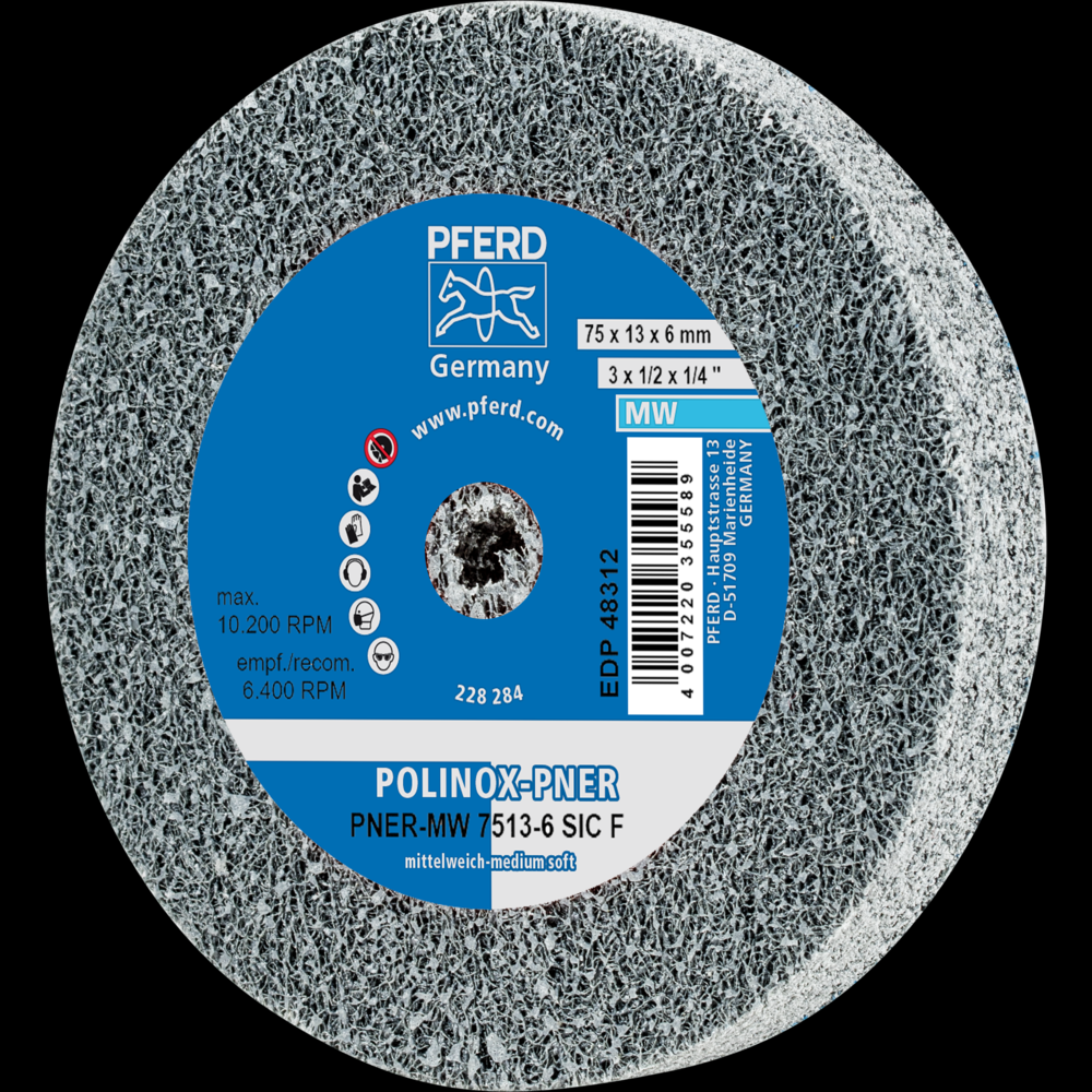 PFERD POLINOX® Unitized Wheel, 3&#34; x 1/2 x 1/4, Fine, Soft, 3SF, Silicon carbide<span class=' ItemWarning' style='display:block;'>Item is usually in stock, but we&#39;ll be in touch if there&#39;s a problem<br /></span>