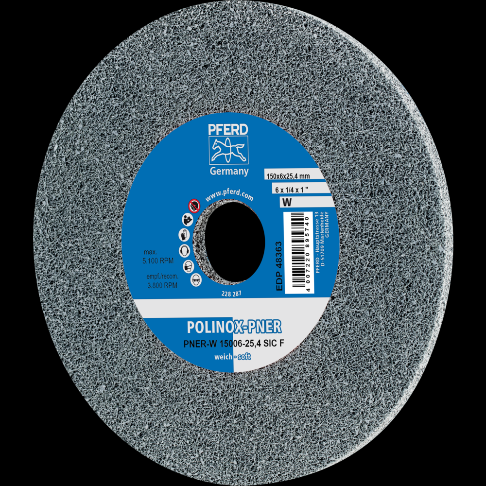 PFERD POLINOX® Unitized Wheel, 6&#34; x 1/4 x 1, Fine, Soft, 2SF, Silicon carbide<span class=' ItemWarning' style='display:block;'>Item is usually in stock, but we&#39;ll be in touch if there&#39;s a problem<br /></span>