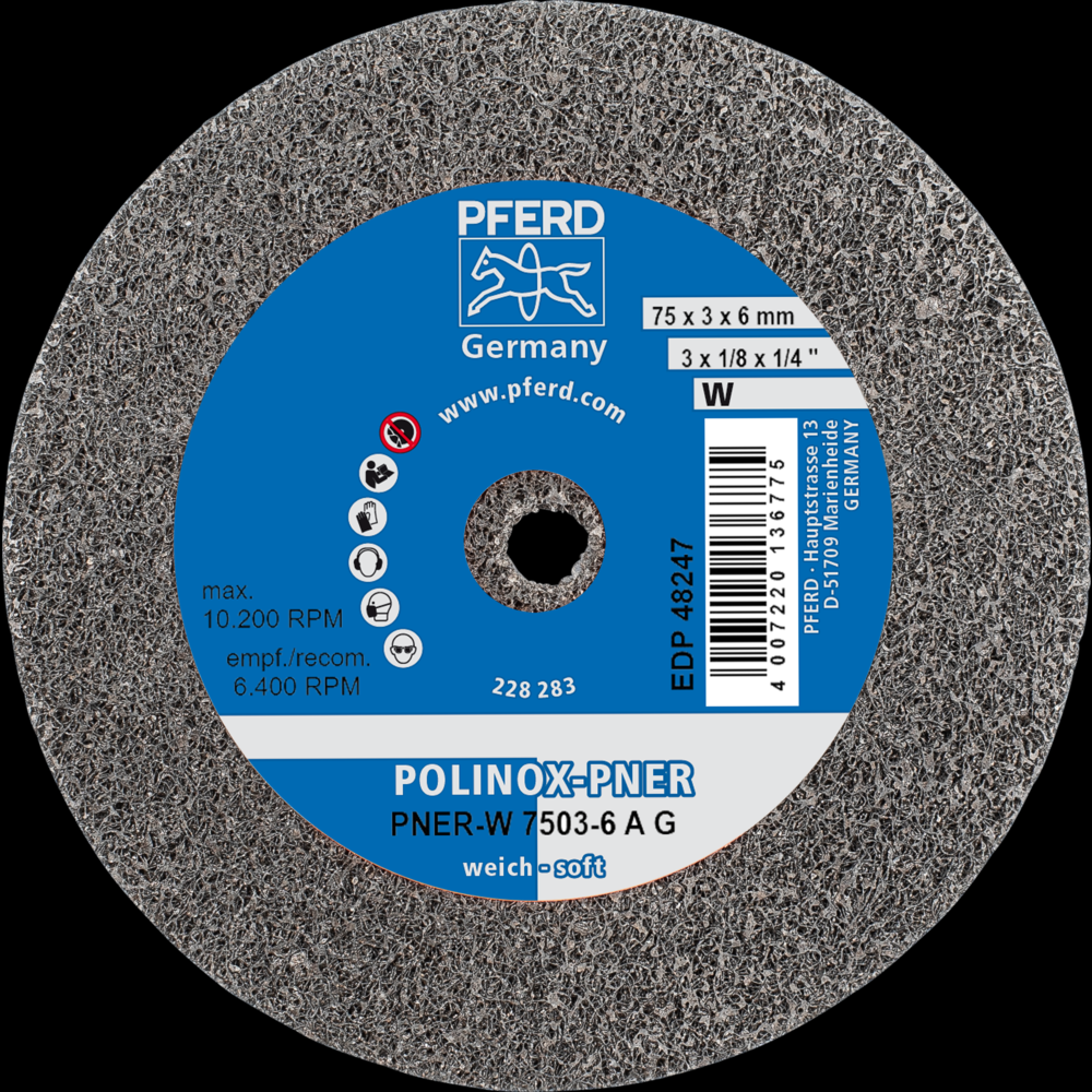 PFERD POLINOX® Unitized Wheel, 3&#34; x 1/8 x 1/4, Coarse, Soft, 2AM, Aluminum oxide<span class=' ItemWarning' style='display:block;'>Item is usually in stock, but we&#39;ll be in touch if there&#39;s a problem<br /></span>