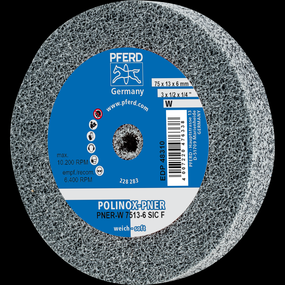 PFERD POLINOX® Unitized Wheel, 3&#34; x 1/2 x 1/4, Fine, Soft, 2SF, Silicon carbide<span class=' ItemWarning' style='display:block;'>Item is usually in stock, but we&#39;ll be in touch if there&#39;s a problem<br /></span>