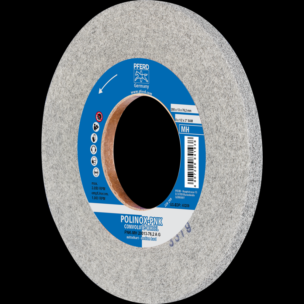 PFERD POLINOX® Convolute Wheel, 8&#34; x 1/2 x 3, Coarse, Medium-Hard, 8AM, Aluminum oxide<span class=' ItemWarning' style='display:block;'>Item is usually in stock, but we&#39;ll be in touch if there&#39;s a problem<br /></span>