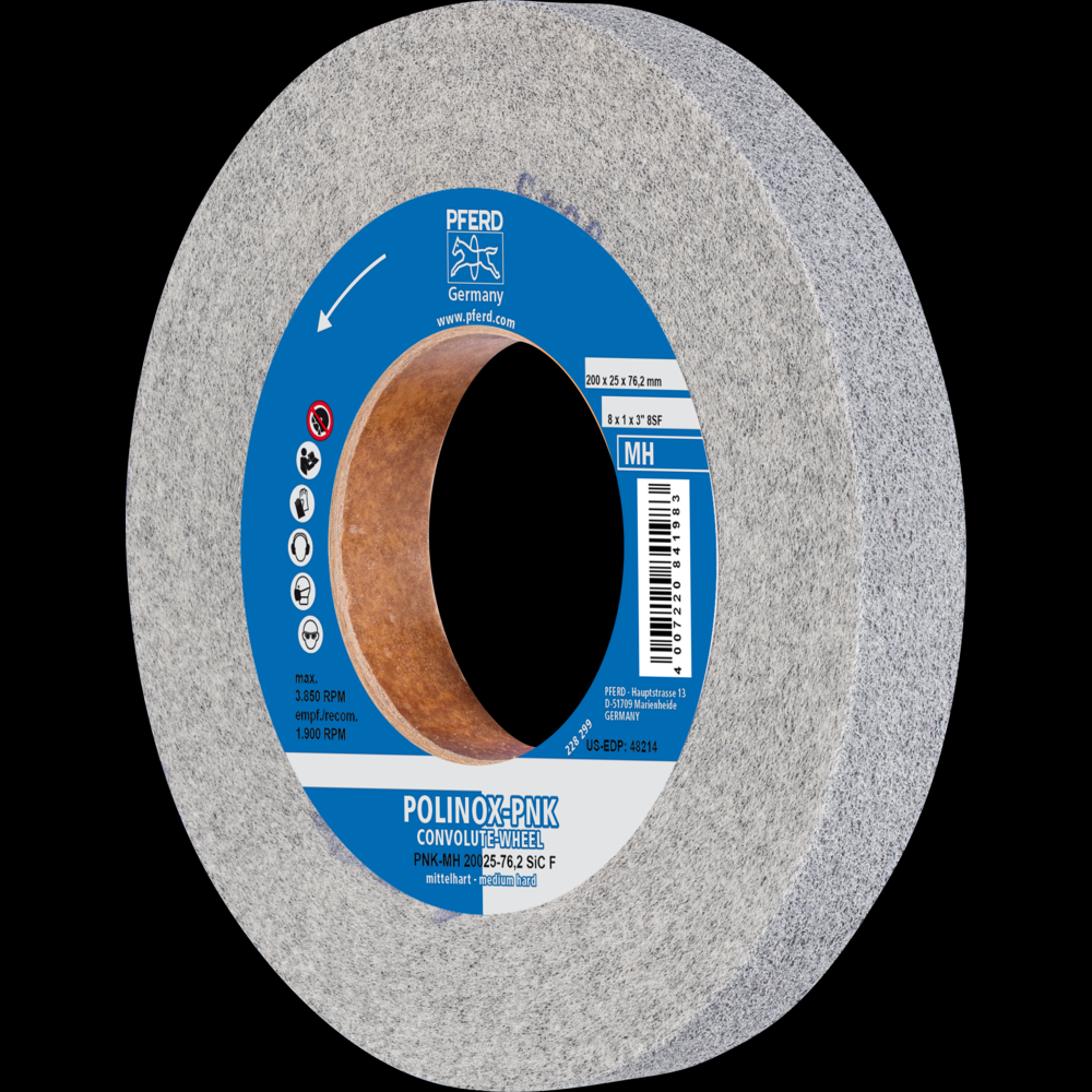 PFERD POLINOX® Convolute Wheel, 8&#34; x 1 x 3, Fine, Medium-Hard, 8SF, Silicon carbide<span class=' ItemWarning' style='display:block;'>Item is usually in stock, but we&#39;ll be in touch if there&#39;s a problem<br /></span>