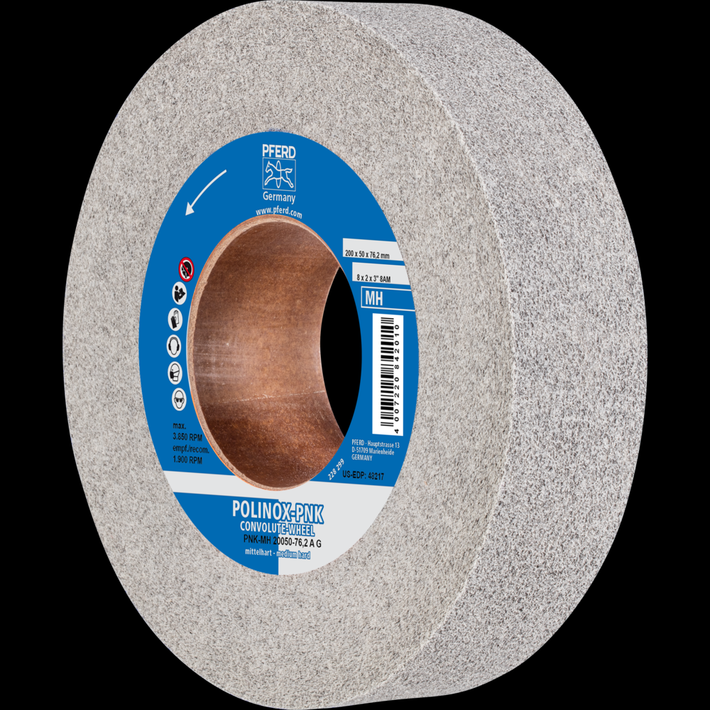 PFERD POLINOX® Convolute Wheel, 8&#34; x 2 x 3, Coarse, Medium-Hard, 8AM, Aluminum oxide<span class=' ItemWarning' style='display:block;'>Item is usually in stock, but we&#39;ll be in touch if there&#39;s a problem<br /></span>