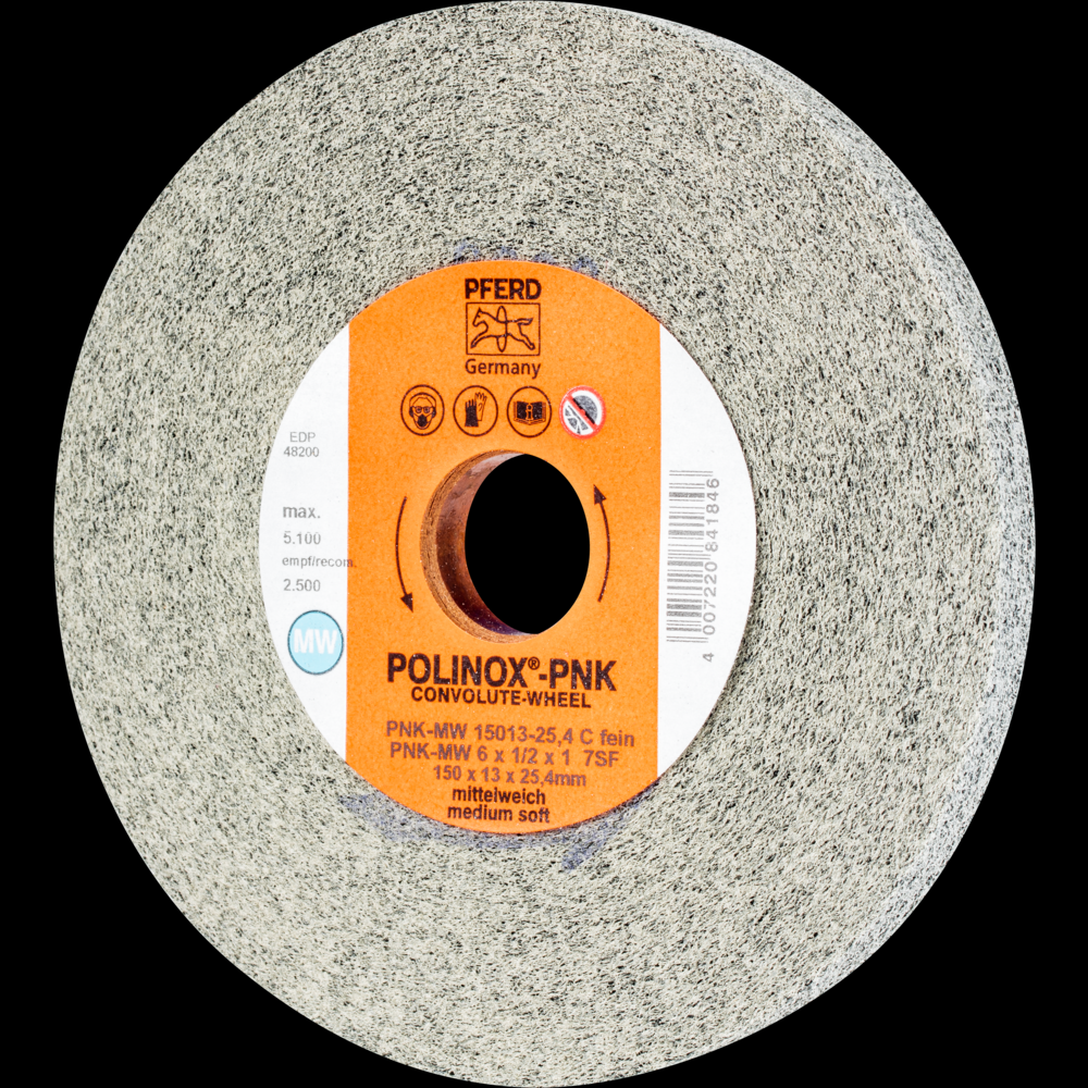 PFERD POLINOX® Convolute Wheel, 6&#34; x 1/2 x 1, Fine, Medium-Soft, 7SF, Silicon carbide<span class=' ItemWarning' style='display:block;'>Item is usually in stock, but we&#39;ll be in touch if there&#39;s a problem<br /></span>