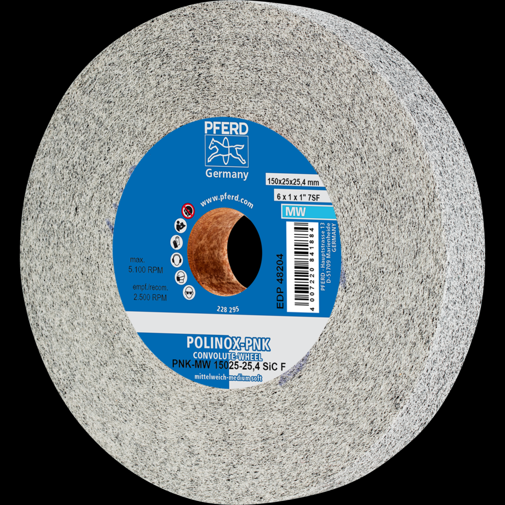 PFERD POLINOX® Convolute Wheel, 6&#34; x 1 x 1, Fine, Medium-Soft, 7SF, Silicon carbide<span class=' ItemWarning' style='display:block;'>Item is usually in stock, but we&#39;ll be in touch if there&#39;s a problem<br /></span>