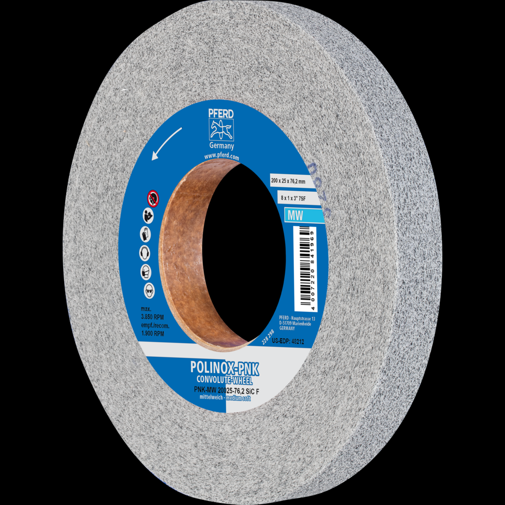 PFERD POLINOX® Convolute Wheel, 8&#34; x 1 x 3, Fine, Medium-Soft, 7SF, Silicon carbide<span class=' ItemWarning' style='display:block;'>Item is usually in stock, but we&#39;ll be in touch if there&#39;s a problem<br /></span>