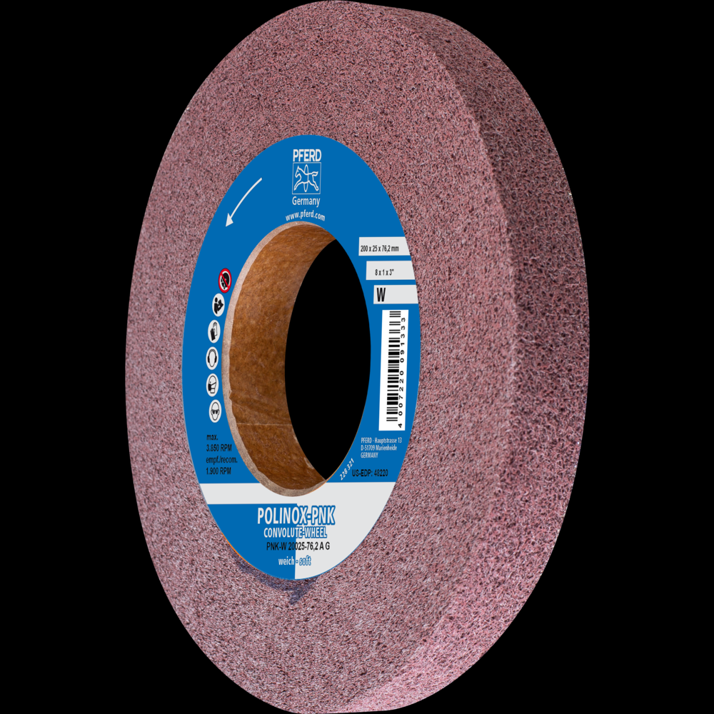 PFERD POLINOX® Convolute Wheel, 8&#34; x 1 x 3, Coarse, Soft, 5AM, Aluminum oxide<span class=' ItemWarning' style='display:block;'>Item is usually in stock, but we&#39;ll be in touch if there&#39;s a problem<br /></span>