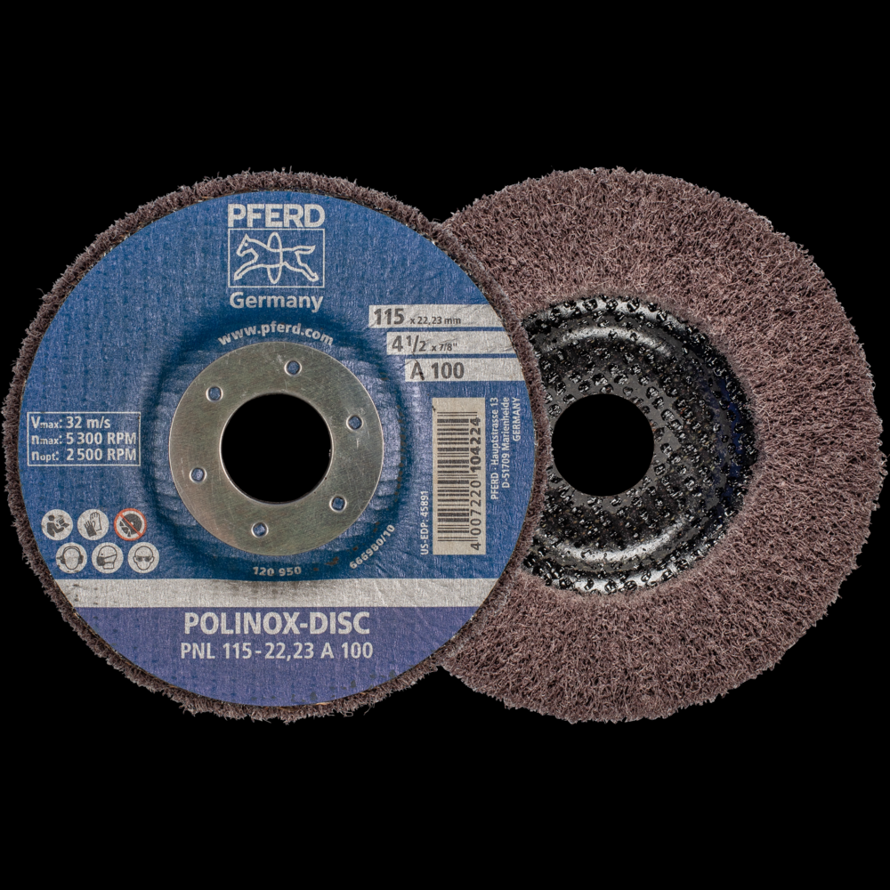 PFERD POLINOX® Fibre-backing disc, 4-1/2&#34; 3/4 x 7/8, Radial, 100 Grit, Aluminum oxide<span class=' ItemWarning' style='display:block;'>Item is usually in stock, but we&#39;ll be in touch if there&#39;s a problem<br /></span>