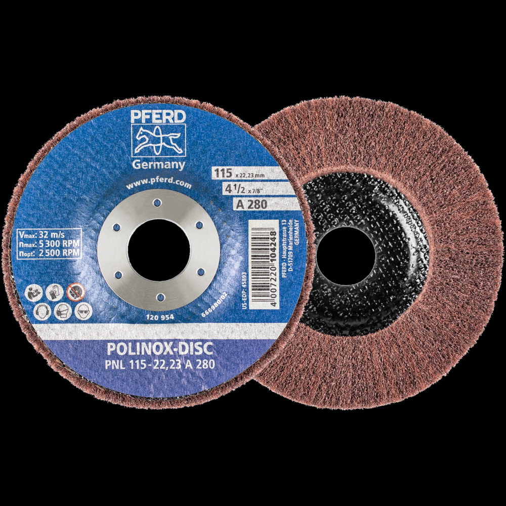 PFERD POLINOX® Fibre-backing disc, 4-1/2&#34; 3/4 x 7/8, Radial, 280 Grit, Aluminum oxide<span class=' ItemWarning' style='display:block;'>Item is usually in stock, but we&#39;ll be in touch if there&#39;s a problem<br /></span>