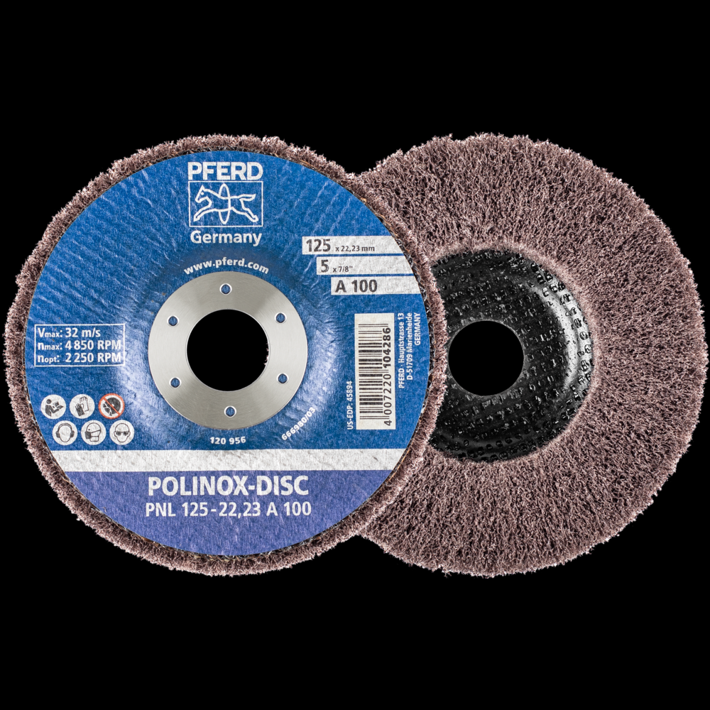 PFERD POLINOX® Fibre-backing disc, 5&#34; 3/4 x 7/8, Radial, 100 Grit, Aluminum oxide<span class=' ItemWarning' style='display:block;'>Item is usually in stock, but we&#39;ll be in touch if there&#39;s a problem<br /></span>