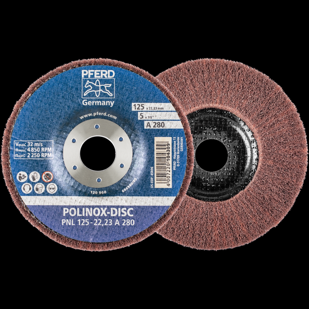 PFERD POLINOX® Fibre-backing disc, 5&#34; 3/4 x 7/8, Radial, 280 Grit, Aluminum oxide<span class=' ItemWarning' style='display:block;'>Item is usually in stock, but we&#39;ll be in touch if there&#39;s a problem<br /></span>