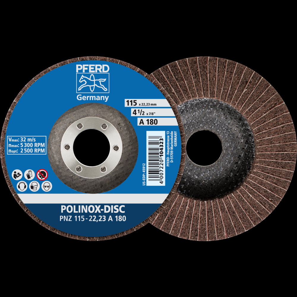 PFERD POLINOX® Fibre-backing disc, 4-1/2&#34;x3/4x7/8, Interleaved,180 Grit,Aluminum oxide<span class=' ItemWarning' style='display:block;'>Item is usually in stock, but we&#39;ll be in touch if there&#39;s a problem<br /></span>