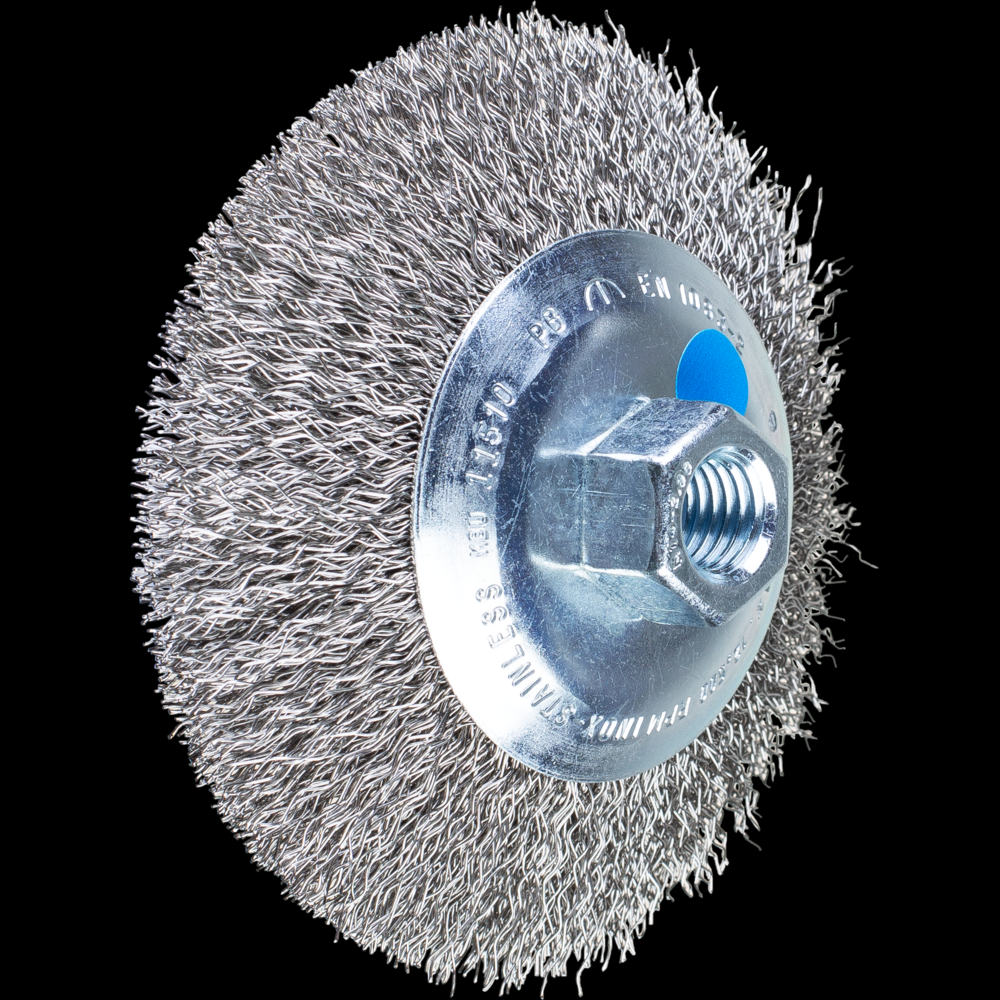 PFERD Crimped Wire Bevel Brush 4-1/2&#34; Dia. .014 Stainless Steel 5/8-11&#34; Thread<span class=' ItemWarning' style='display:block;'>Item is usually in stock, but we&#39;ll be in touch if there&#39;s a problem<br /></span>