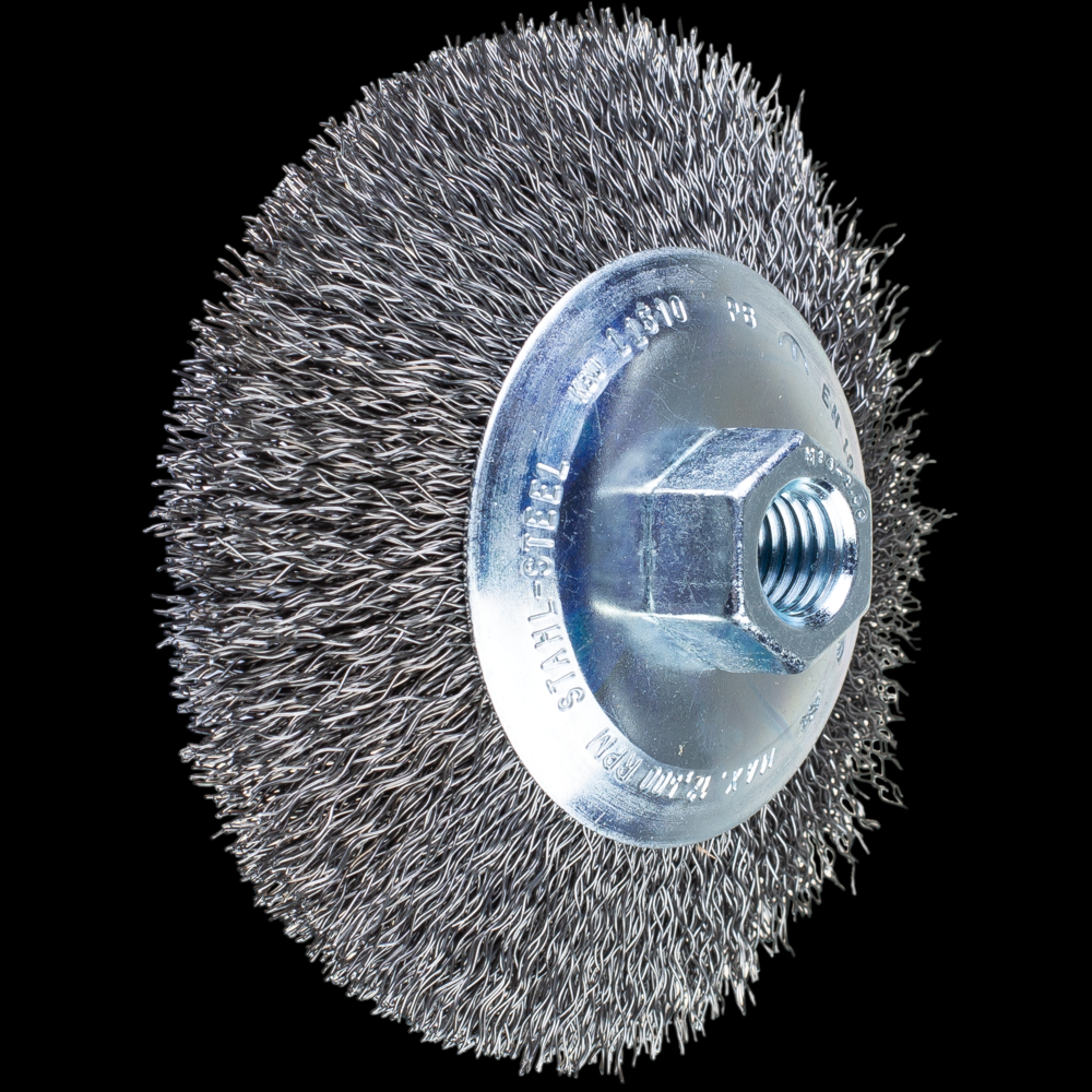 PFERD Crimped Wire Bevel Brush 4-1/2&#34; Dia. .014 Carbon Steel 5/8-11&#34; Thread<span class=' ItemWarning' style='display:block;'>Item is usually in stock, but we&#39;ll be in touch if there&#39;s a problem<br /></span>