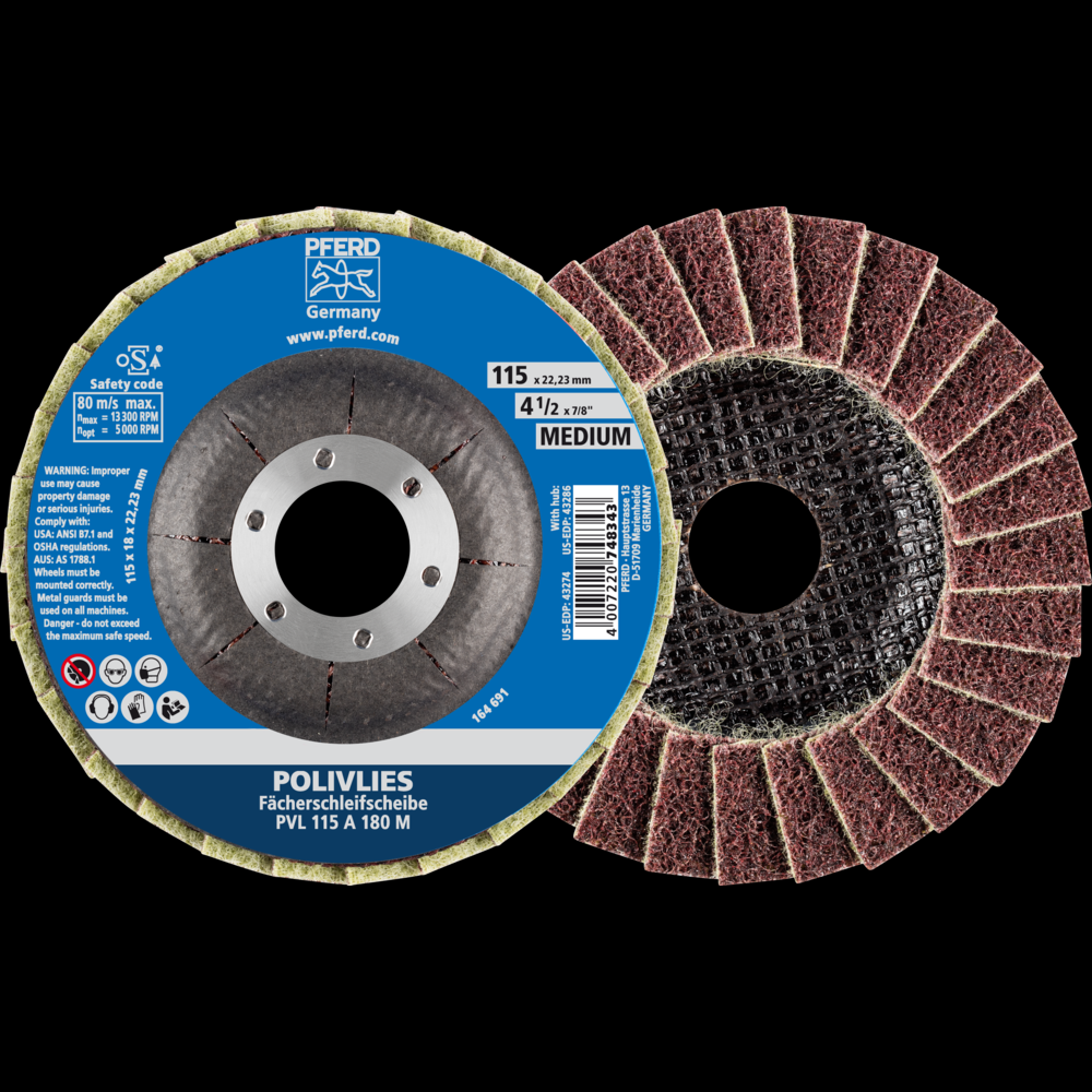 PFERD POLIVLIES® Non-Woven Flap Disc, 4-1/2&#34; x 7/8, 180 Grit, Medium, Aluminum oxide<span class=' ItemWarning' style='display:block;'>Item is usually in stock, but we&#39;ll be in touch if there&#39;s a problem<br /></span>