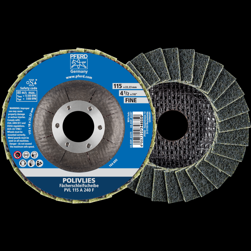 PFERD POLIVLIES® Non-Woven Flap Disc, 4-1/2&#34; x 7/8, 240 Grit, Fine, Aluminum oxide<span class=' ItemWarning' style='display:block;'>Item is usually in stock, but we&#39;ll be in touch if there&#39;s a problem<br /></span>