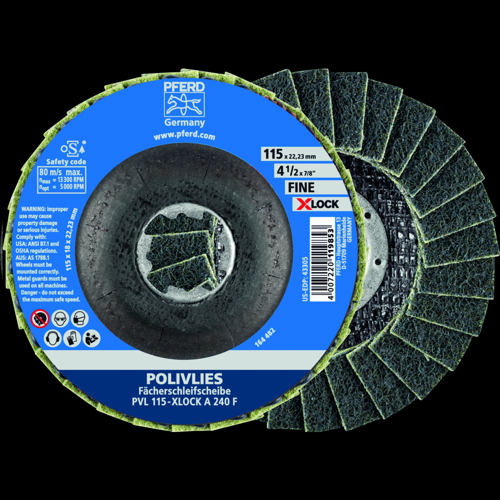 PFERD POLIVLIES® Non-Woven Flap Disc, 4-1/2&#34; X-LOCK, 240 Grit, Fine, Aluminum oxide<span class=' ItemWarning' style='display:block;'>Item is usually in stock, but we&#39;ll be in touch if there&#39;s a problem<br /></span>