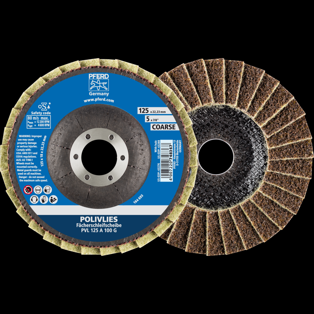 PFERD POLIVLIES® Non-Woven Flap Disc, 5&#34; x 7/8, 100 Grit, Coarse, Aluminum oxide<span class=' ItemWarning' style='display:block;'>Item is usually in stock, but we&#39;ll be in touch if there&#39;s a problem<br /></span>