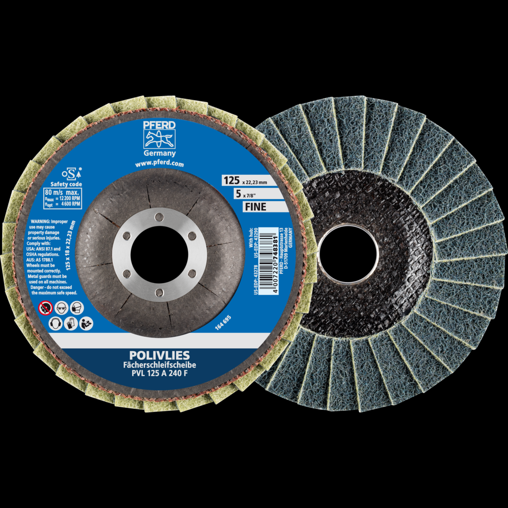 PFERD POLIVLIES® Non-Woven Flap Disc, 5&#34; x 7/8, 240 Grit, Fine, Aluminum oxide<span class=' ItemWarning' style='display:block;'>Item is usually in stock, but we&#39;ll be in touch if there&#39;s a problem<br /></span>