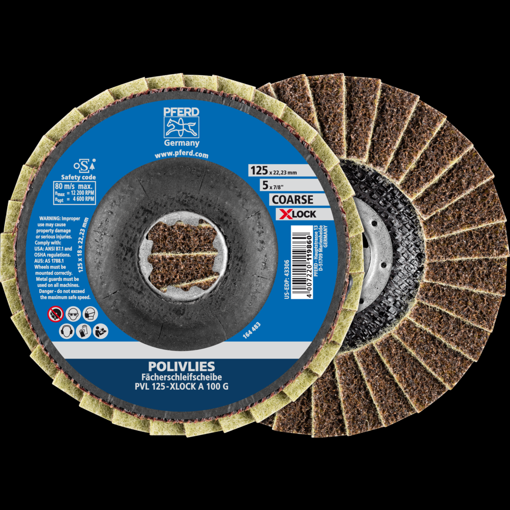 PFERD POLIVLIES® Non-Woven Flap Disc, 5&#34; X-LOCK, 100 Grit, Coarse, Aluminum oxide<span class=' ItemWarning' style='display:block;'>Item is usually in stock, but we&#39;ll be in touch if there&#39;s a problem<br /></span>