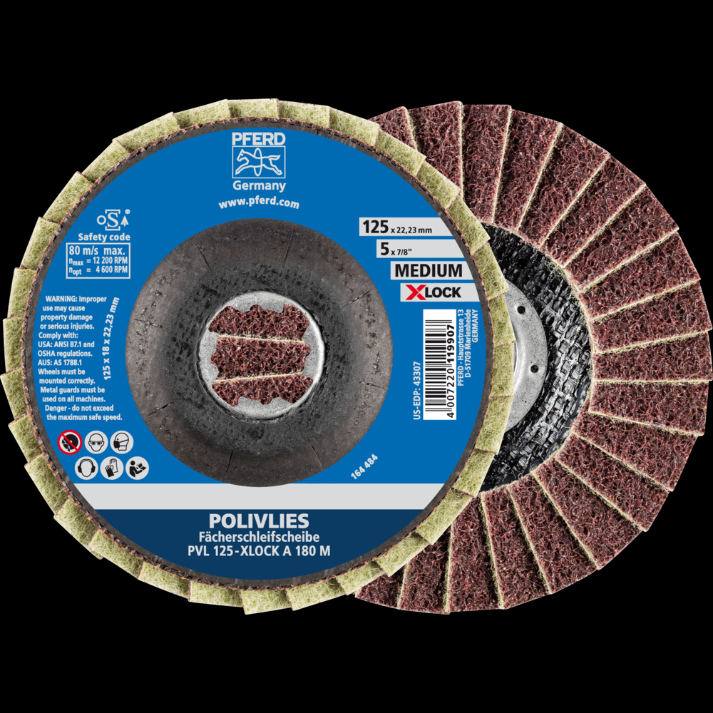 PFERD POLIVLIES® Non-Woven Flap Disc, 5&#34; X-LOCK, 180 Grit, Medium, Aluminum oxide<span class=' ItemWarning' style='display:block;'>Item is usually in stock, but we&#39;ll be in touch if there&#39;s a problem<br /></span>