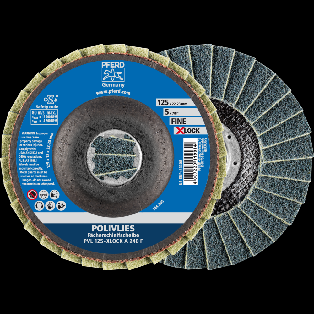 PFERD POLIVLIES® Non-Woven Flap Disc, 5&#34; X-LOCK, 240 Grit, Fine, Aluminum oxide<span class=' ItemWarning' style='display:block;'>Item is usually in stock, but we&#39;ll be in touch if there&#39;s a problem<br /></span>