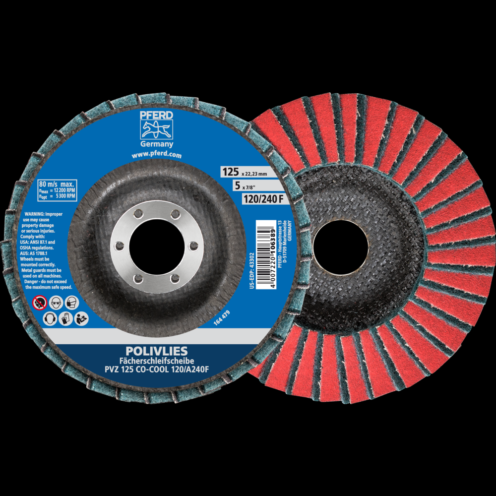 PFERD POLIVLIES® Non-Woven Flap Disc, 5&#34; x 7/8, 120 Grit, Fine, Ceramic oxide CO-COOL<span class=' ItemWarning' style='display:block;'>Item is usually in stock, but we&#39;ll be in touch if there&#39;s a problem<br /></span>