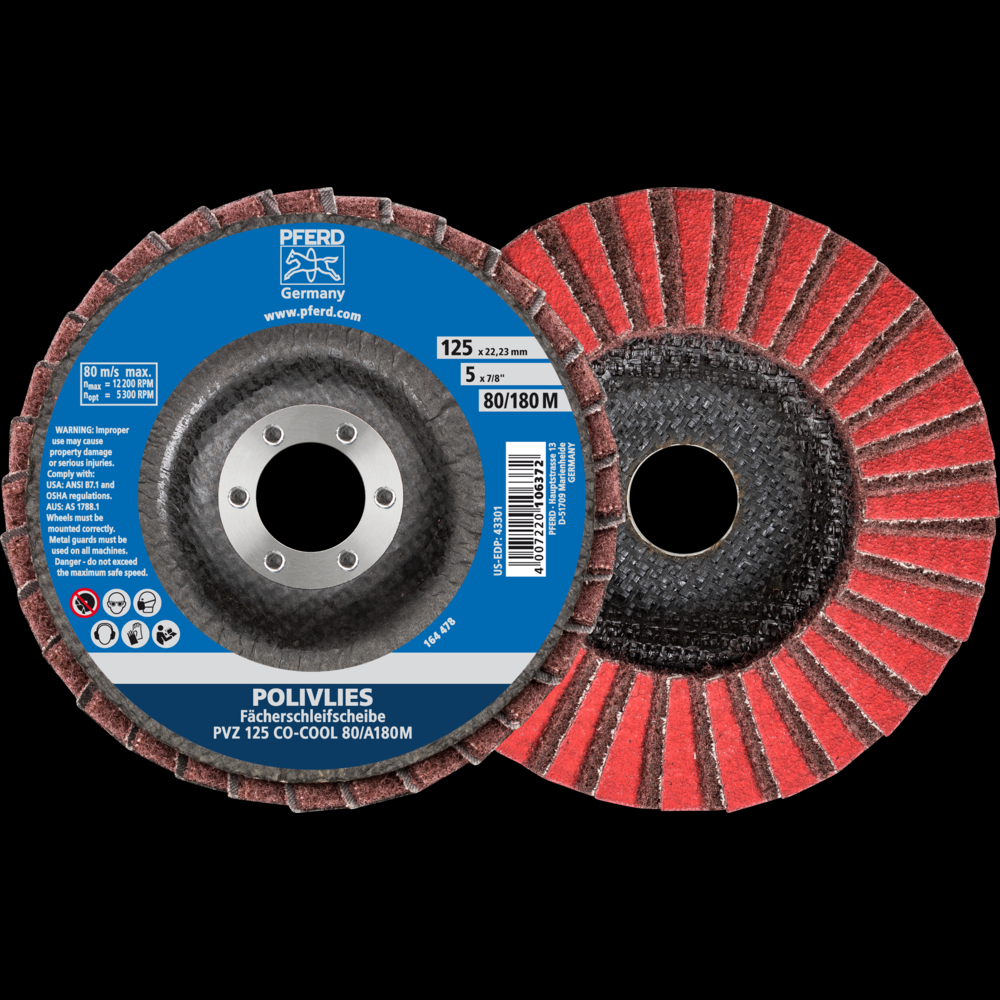 PFERD POLIVLIES® Non-Woven Flap Disc, 5&#34; x 7/8, 60 Grit, Coarse, Ceramic oxide CO-COOL<span class=' ItemWarning' style='display:block;'>Item is usually in stock, but we&#39;ll be in touch if there&#39;s a problem<br /></span>