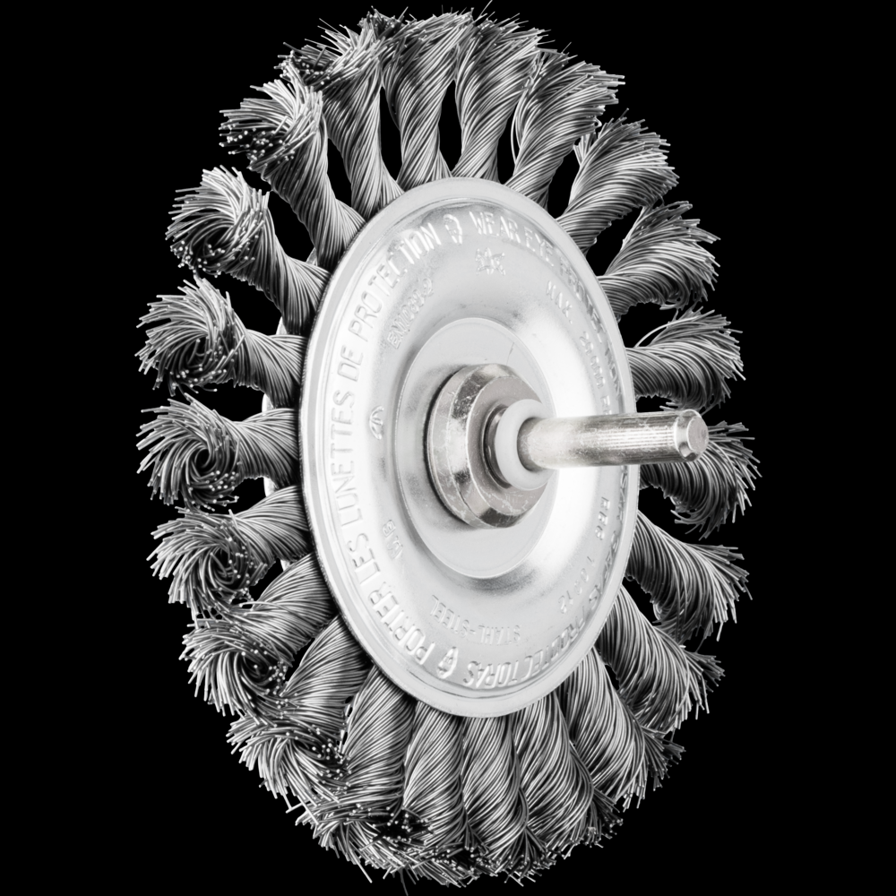 PFERD Mounted Knot Wheel Brush 4&#34; Dia. .014 Carbon Steel 1/4&#34; Shank<span class=' ItemWarning' style='display:block;'>Item is usually in stock, but we&#39;ll be in touch if there&#39;s a problem<br /></span>