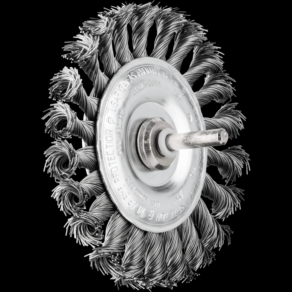 PFERD Mounted Knot Wheel Brush 4&#34; Dia. .020 Carbon Steel 1/4&#34; Shank<span class=' ItemWarning' style='display:block;'>Item is usually in stock, but we&#39;ll be in touch if there&#39;s a problem<br /></span>