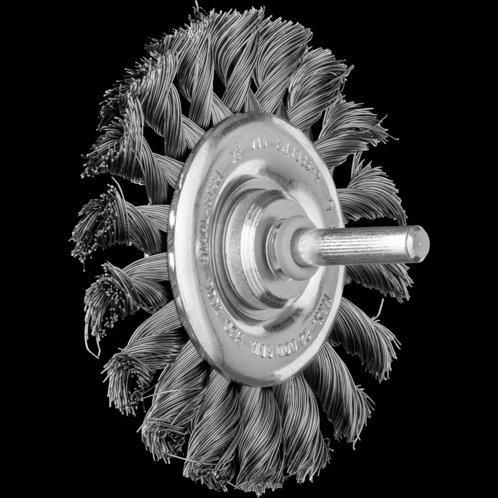 PFERD Mounted Knot Wheel Brush 3&#34; Dia. .014 Carbon Steel 1/4&#34; Shank<span class=' ItemWarning' style='display:block;'>Item is usually in stock, but we&#39;ll be in touch if there&#39;s a problem<br /></span>