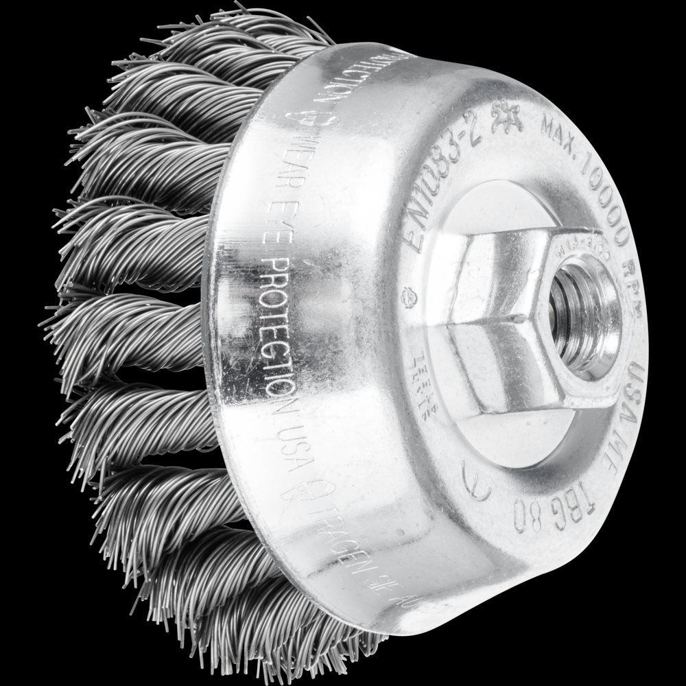 PFERD Knot Wire Cup Brush 3-1/2&#34; Dia. .020 Carbon Steel 5/8-11&#34; Thread<span class=' ItemWarning' style='display:block;'>Item is usually in stock, but we&#39;ll be in touch if there&#39;s a problem<br /></span>