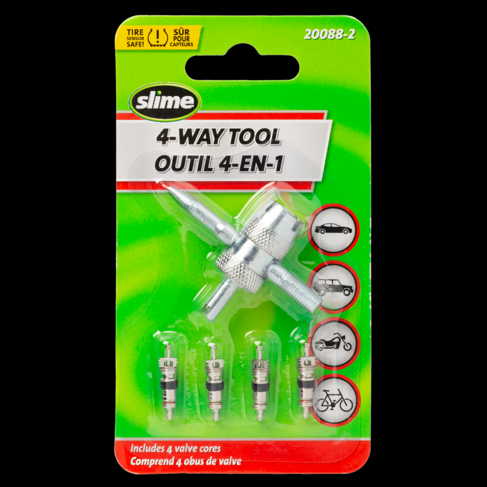 Slime® 4-Way Tire Valve Tool with 4 Valve Cores<span class=' ItemWarning' style='display:block;'>Item is usually in stock, but we&#39;ll be in touch if there&#39;s a problem<br /></span>