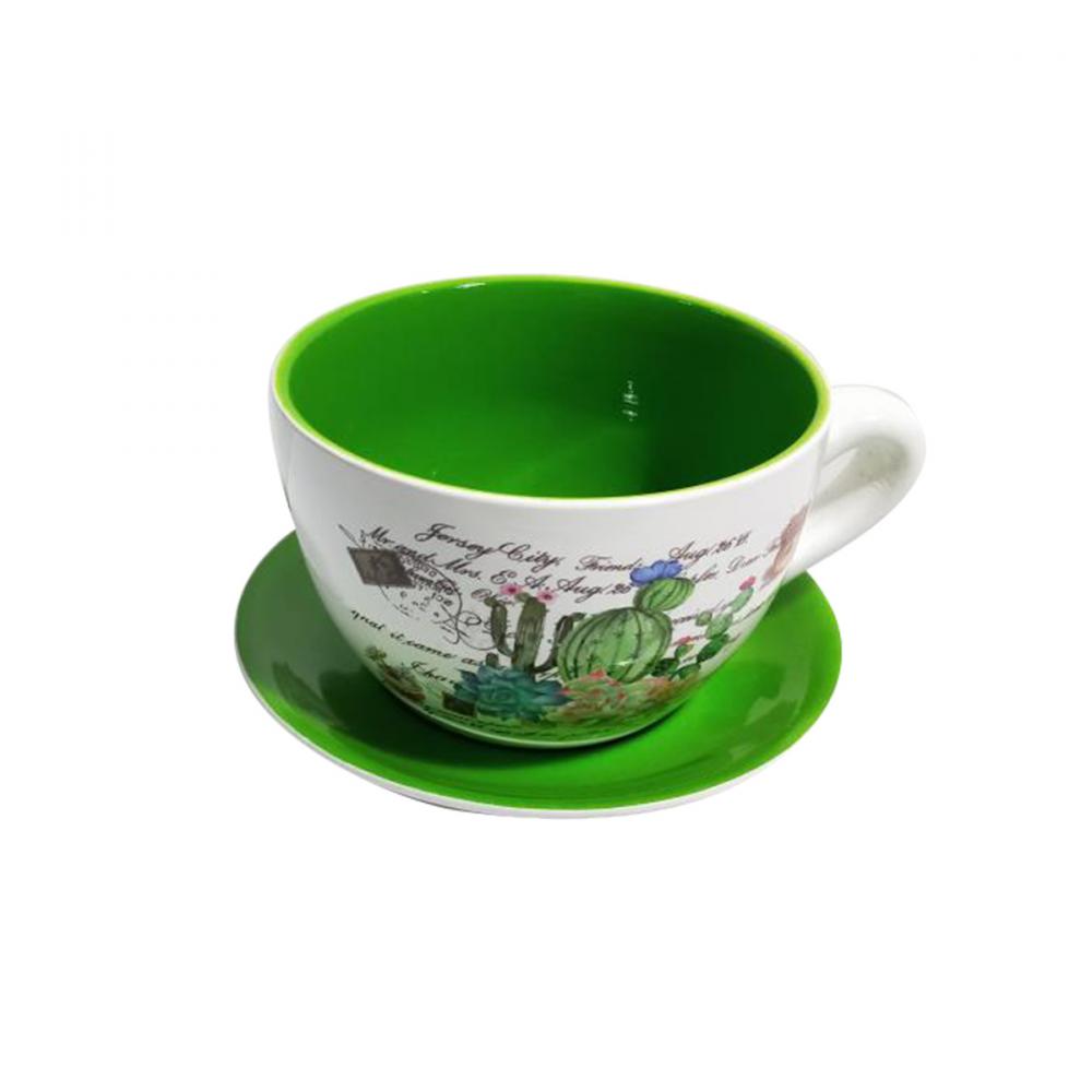 Tea Cup Planter & Saucer Cactus Garden Green 10in<span class='Notice ItemWarning' style='display:block;'>Item has been discontinued<br /></span>