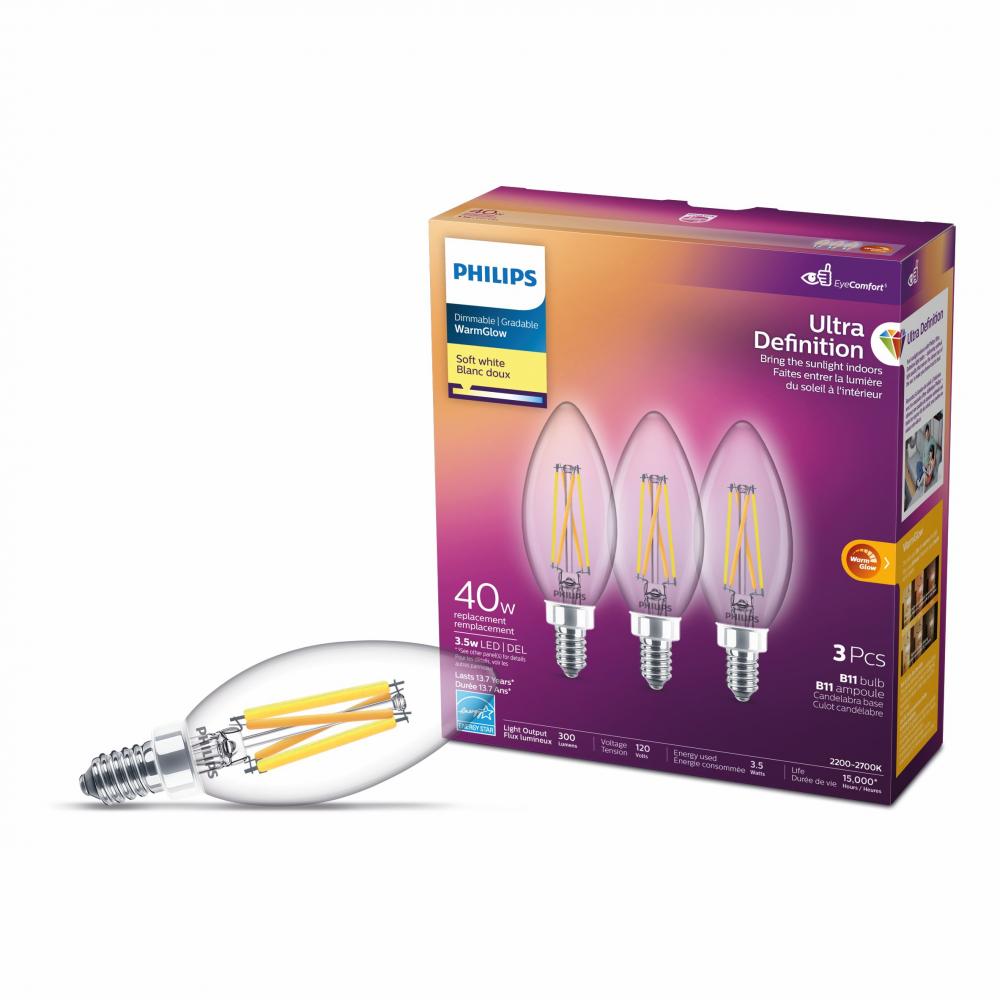 3PK Bulbs B11 Ult. Def. Chandelier LED E12 3.5W=40W S.White<span class=' ItemWarning' style='display:block;'>Item is usually in stock, but we&#39;ll be in touch if there&#39;s a problem<br /></span>