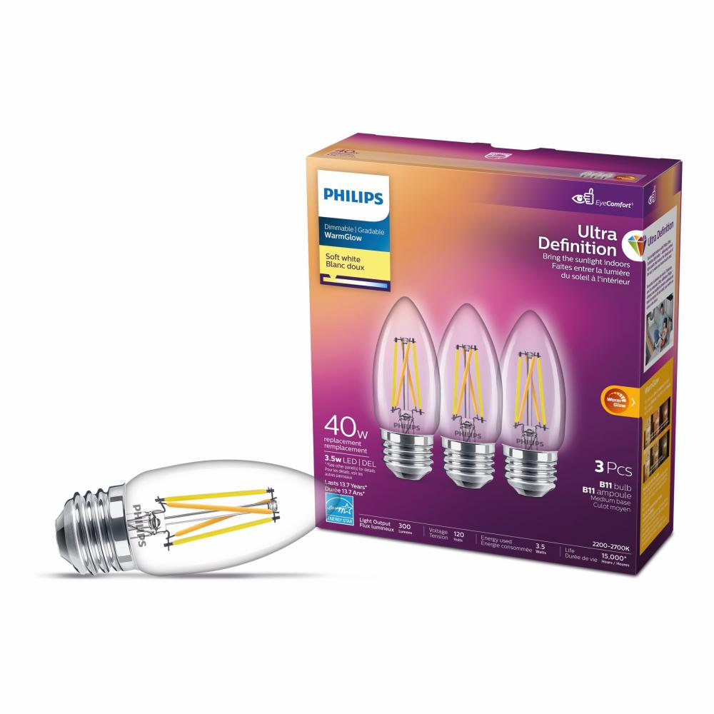 3PK Bulbs B11 Ultra Def. Chandelier LED E26 3.5W=40W S.White<span class=' ItemWarning' style='display:block;'>Item is usually in stock, but we&#39;ll be in touch if there&#39;s a problem<br /></span>