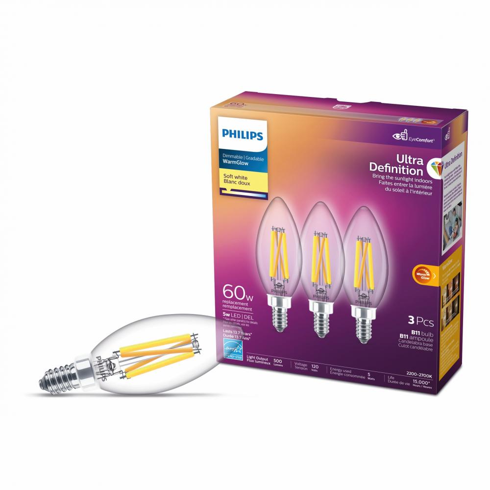 3PK Bulbs B11 Ultra Def. Chandelier LED E12 5W=60W Soft White<span class=' ItemWarning' style='display:block;'>Item is usually in stock, but we&#39;ll be in touch if there&#39;s a problem<br /></span>