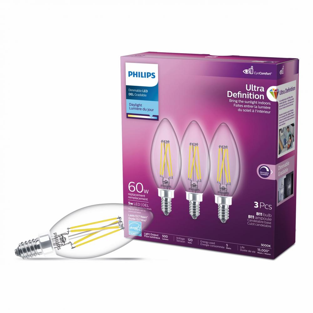 3PK Bulbs B11 Ultra Def. Chandelier LED E12 5W=60W Daylight<span class=' ItemWarning' style='display:block;'>Item is usually in stock, but we&#39;ll be in touch if there&#39;s a problem<br /></span>