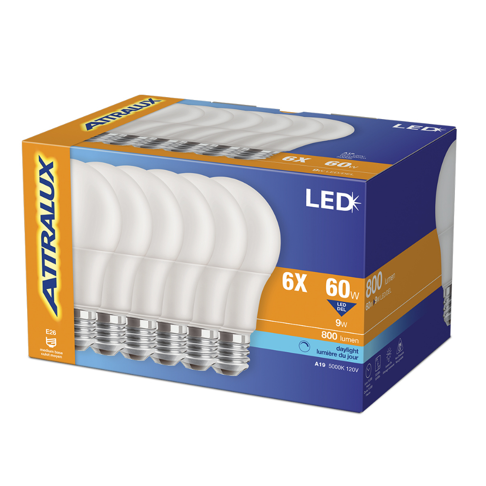 Attralux Bulb A19 LED Non-Dimmable 9W Daylight 6PK<span class=' ItemWarning' style='display:block;'>Item is usually in stock, but we&#39;ll be in touch if there&#39;s a problem<br /></span>