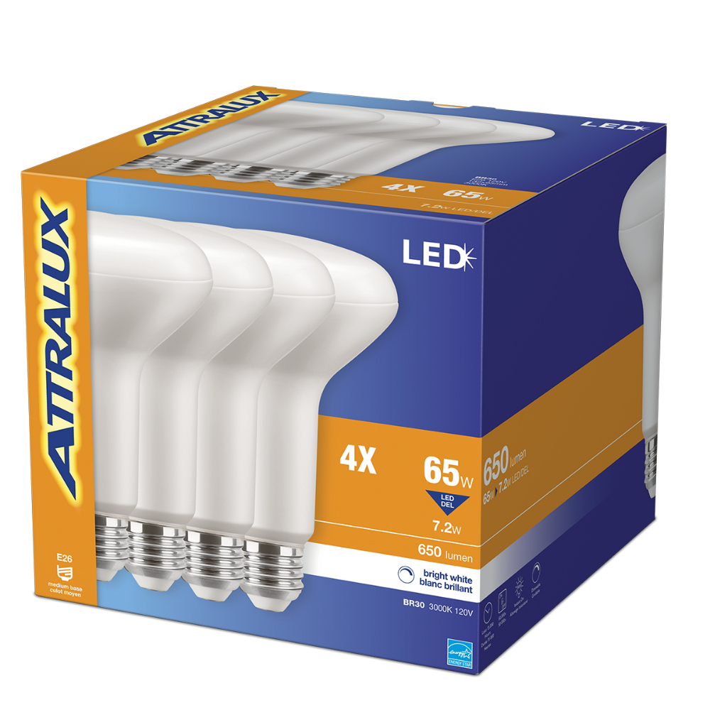 Attralux Bulb BR30 Flood LED Dimmable 7.2W Bright White 4PK<span class=' ItemWarning' style='display:block;'>Item is usually in stock, but we&#39;ll be in touch if there&#39;s a problem<br /></span>