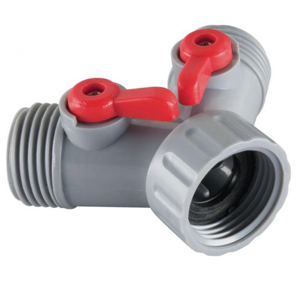 2-Way Hose Connector with Shut-off Valves Plastic<span class=' ItemWarning' style='display:block;'>Item is usually in stock, but we&#39;ll be in touch if there&#39;s a problem<br /></span>