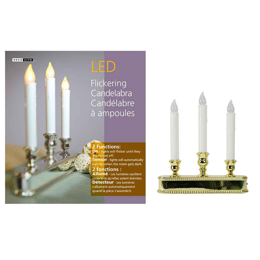 Candelabra with 3 Flickering LED bulbs w/Base & Sensor Function 10in<span class='Notice ItemWarning' style='display:block;'>Item has been discontinued<br /></span>