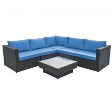 Toolway 88053105 - 6Pc Modular Wicker Sofa Set with Blue Cushions Black