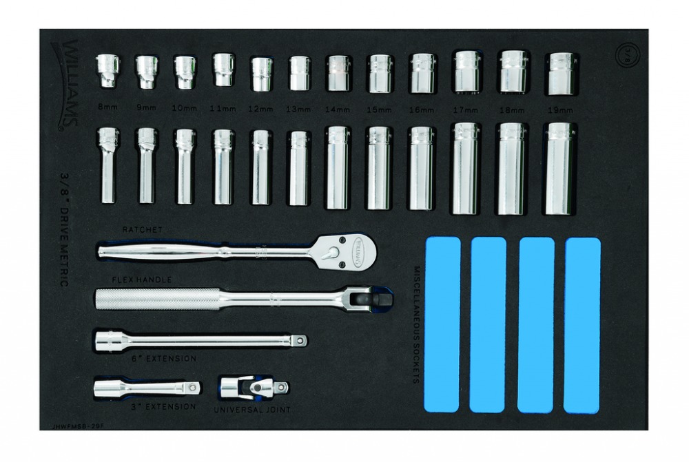 29 pc 3/8 Drive 6-Point Metric Shallow & Deep Socket Set in 1/3 Foam Drawer Inset<span class=' ItemWarning' style='display:block;'>Item is usually in stock, but we&#39;ll be in touch if there&#39;s a problem<br /></span>