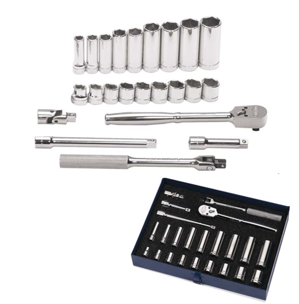 23 pc 3/8&#34; Drive 6-Point SAE Shallow and Deep Socket and Drive Tool Set<span class=' ItemWarning' style='display:block;'>Item is usually in stock, but we&#39;ll be in touch if there&#39;s a problem<br /></span>