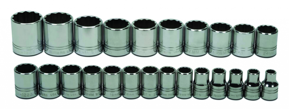 24 pc 1/2&#34; Drive 12-Point Metric Shallow Socket Set on Rail and Clips<span class=' ItemWarning' style='display:block;'>Item is usually in stock, but we&#39;ll be in touch if there&#39;s a problem<br /></span>