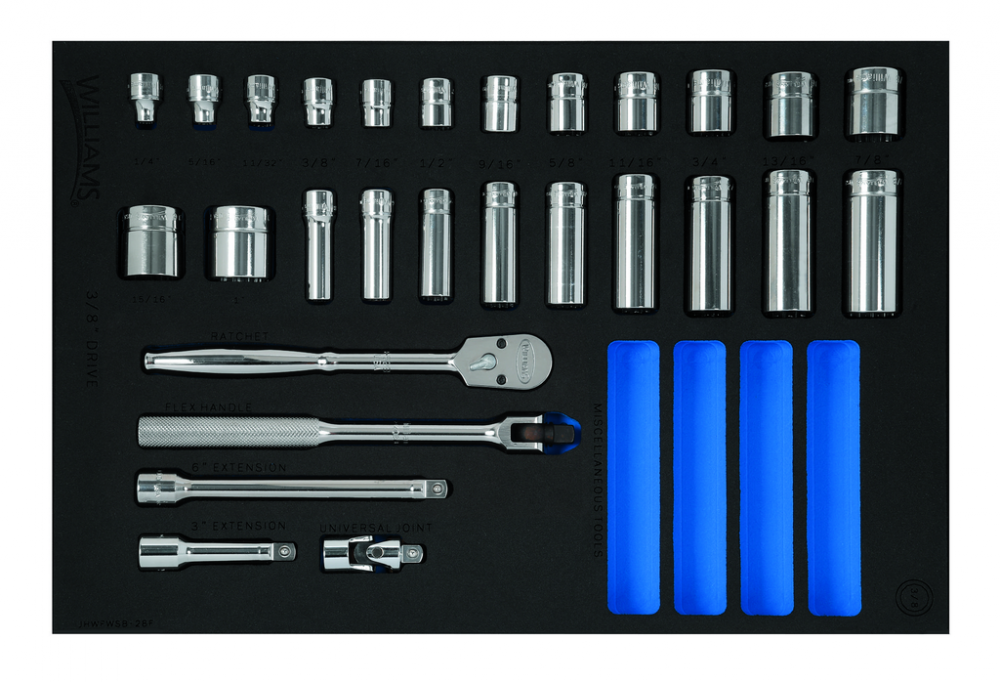 28 pc 3/8 Drive 12-Point SAE Shallow & Deep Socket and Drive Tool Set in 1/3 Foam Drawer Inset<span class=' ItemWarning' style='display:block;'>Item is usually in stock, but we&#39;ll be in touch if there&#39;s a problem<br /></span>