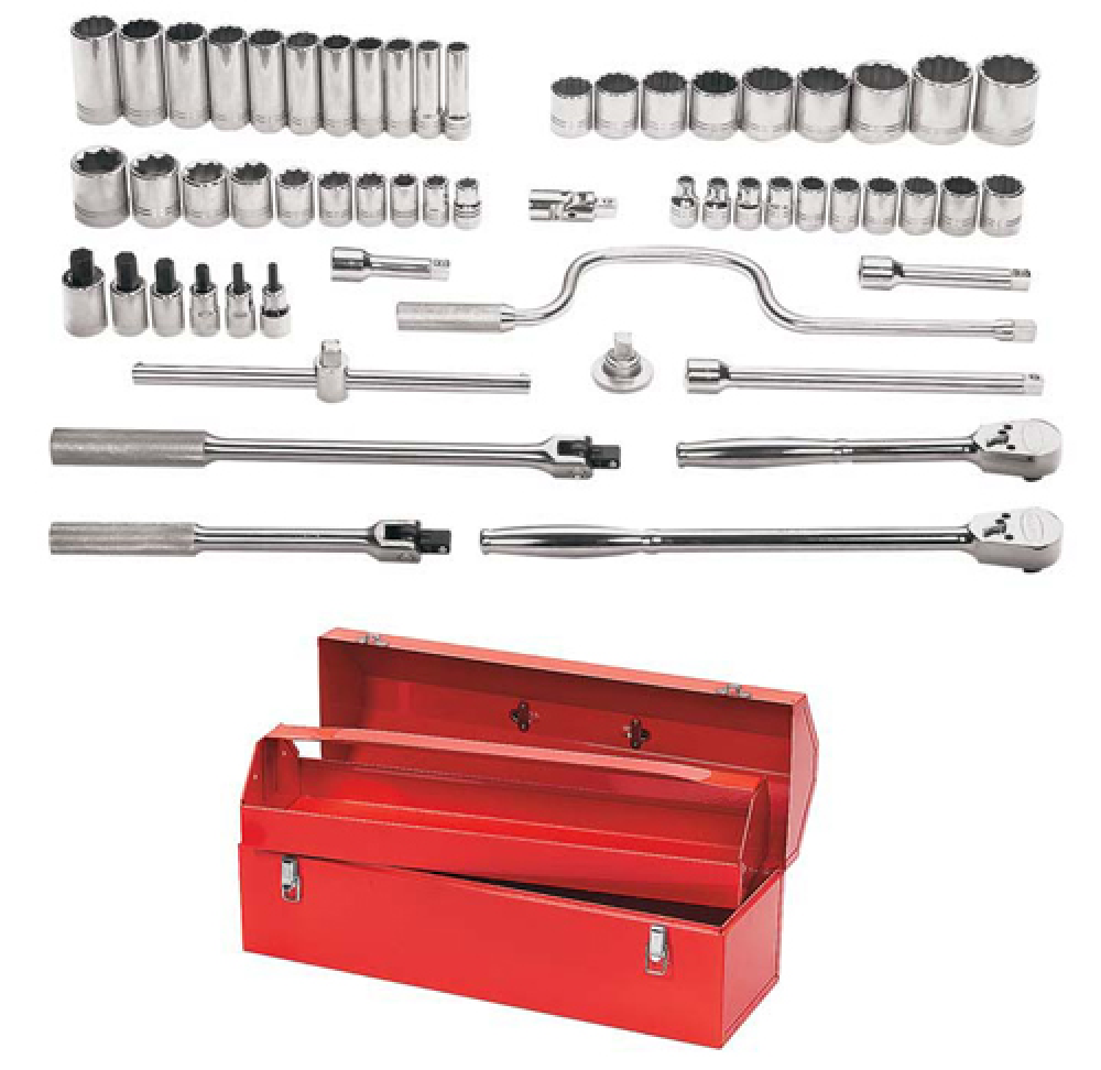 57 pc 1/2&#34; Drive 12-Point SAE Shallow and Deep Socket and Drive Tool Set in Metal Tool Box<span class=' ItemWarning' style='display:block;'>Item is usually in stock, but we&#39;ll be in touch if there&#39;s a problem<br /></span>